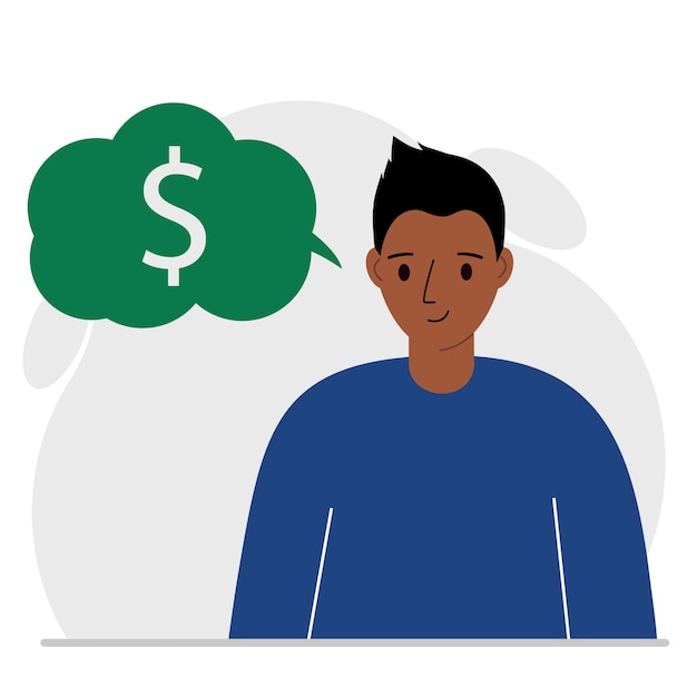 A man thinks about financial success and income opportunities. A man thinks about money. Income, profit, financial success. Vector flat illustration