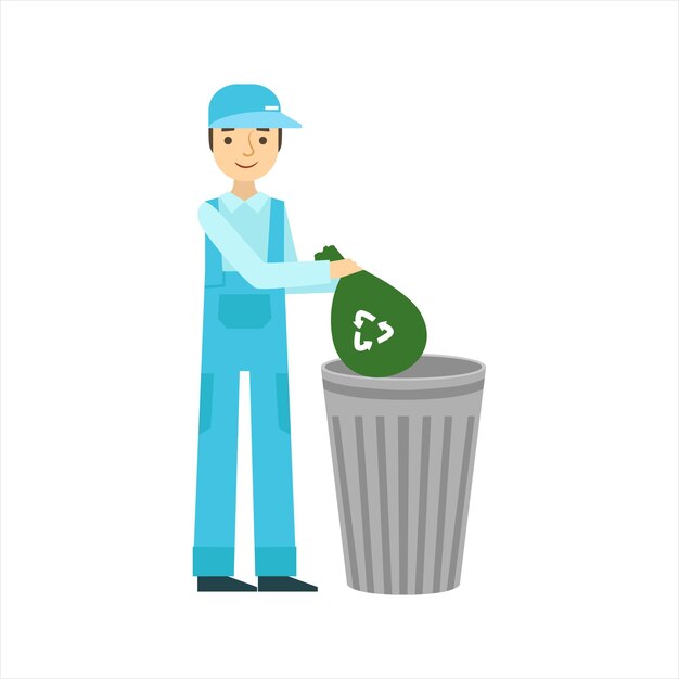 Man Throwing Garbage In Recycle Bin Cleaning Service Professional Cleaner In Uniform In The Household