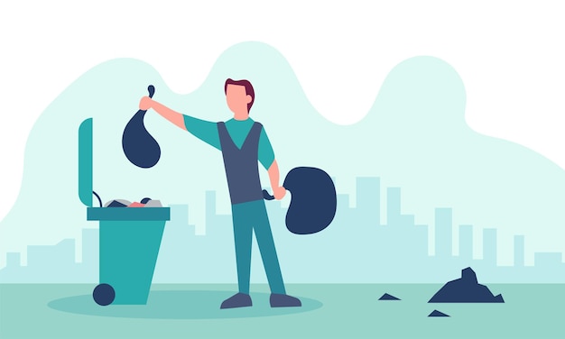 Man throwing out waste and recycling garbage Rubbish trash bin and environment clean illustration