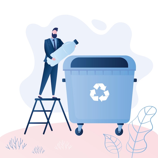 Man throwing plastic garbage in big trash can Recycling concept Male character vector illustration