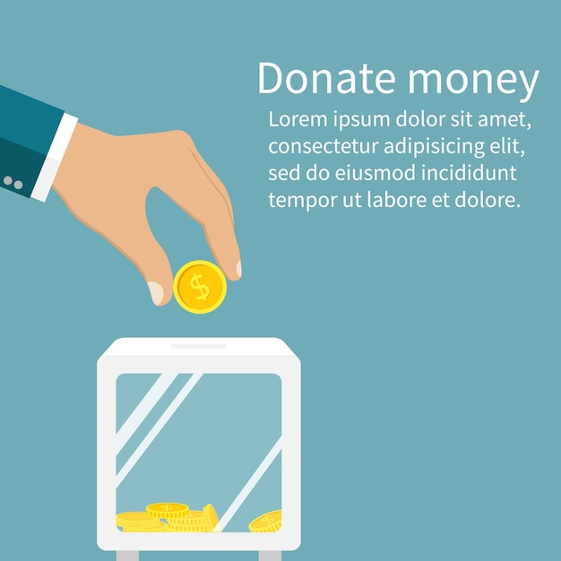 Man throws gold coin in a box for donations Coin in hand Donation box Donate giving money Vector illustration flat style design