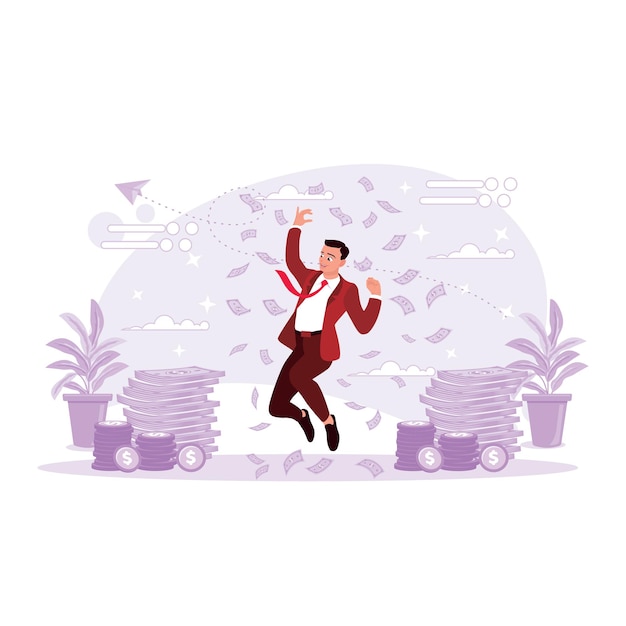 A man in a tie jumps happily against a pile of money and money raining in the background