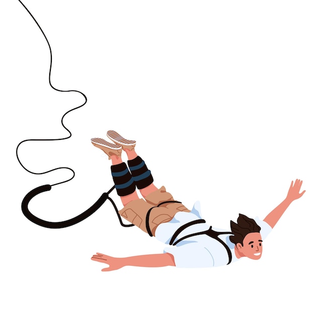 Man tied with elastic rope falling down after bungee jump Happy jumper fly after extreme bungy leap with cord Flat vector illustration of person during free fall isolated on white background