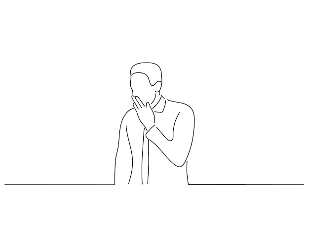 Man tired covering mouth with hand sketch or continuous line art illustration