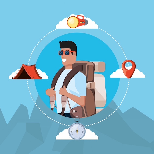 Man tourist with bag camping and set icons