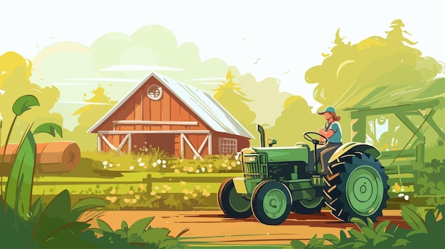 Vector a man on a tractor in front of a barn