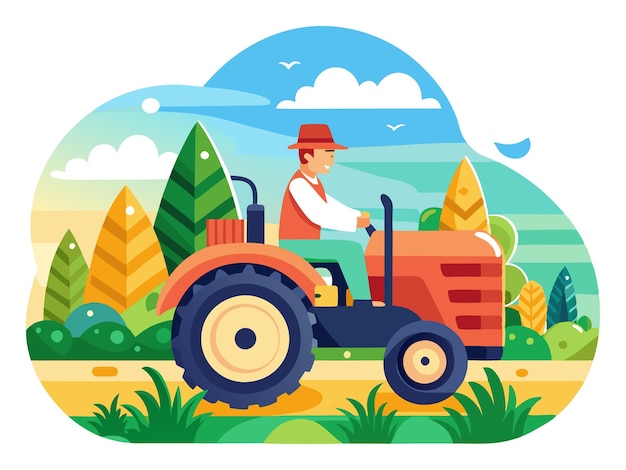 Vector a man on a tractor with trees and a blue sky with a picture of a man on it