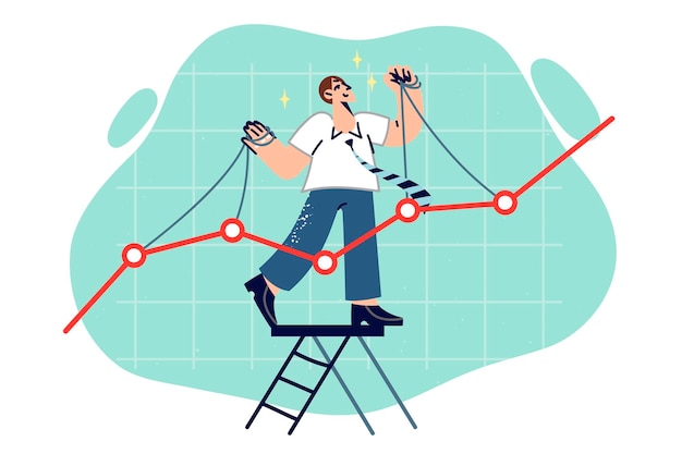 Vector man trader manipulates stock market and pushes chart up to deceive commission on securities prices