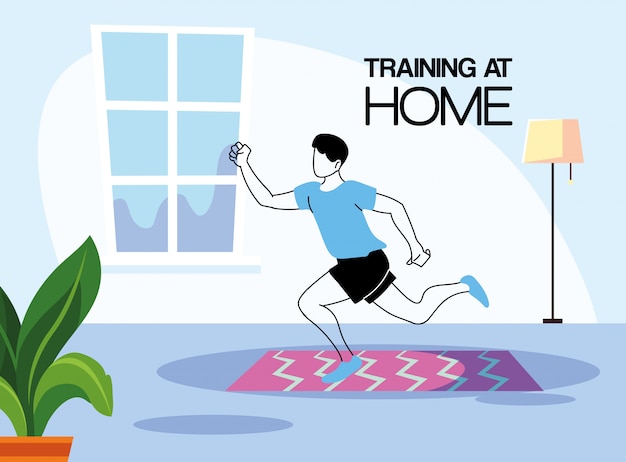 Man training at home for quarantine vector illustration design