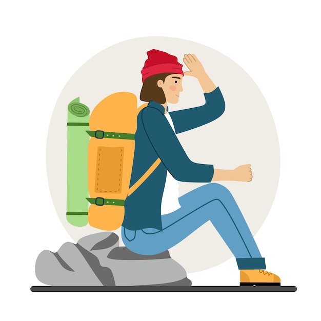 Man traveler is engaged in hiking Hiking with a backpack A tourist in the mountains Vector