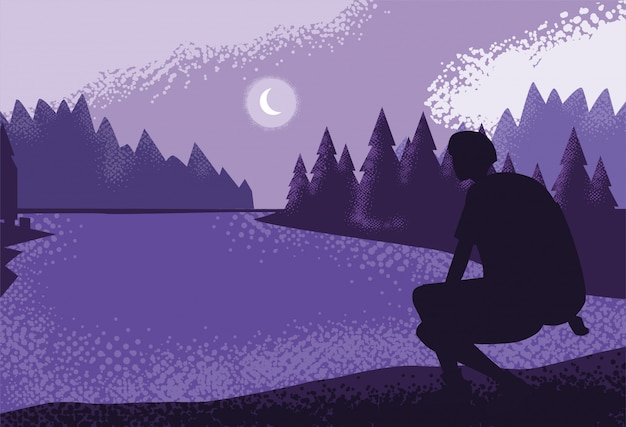 Man traveler in landscape nature purple