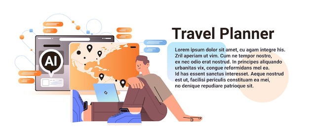 man traveler planning travel on world map in computer app with ai helper bot vacation travelling concept horizontal copy space vector illustration