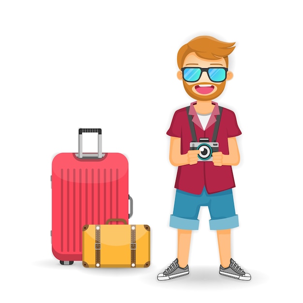 man traveler with luggage isolate on white Background.