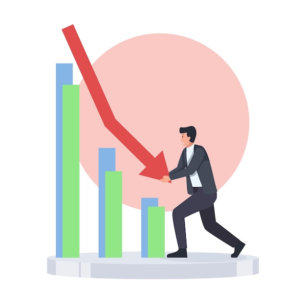 Man try to hold down arrow from chart metaphor of recession