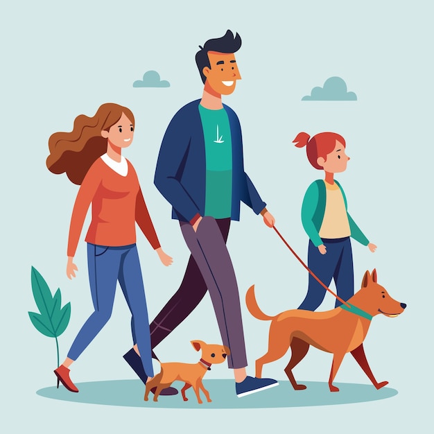 a man and two women walking with dogs