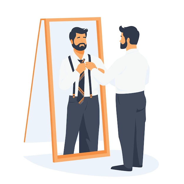 Vector a man tying a necktie while standing in front of a mirror