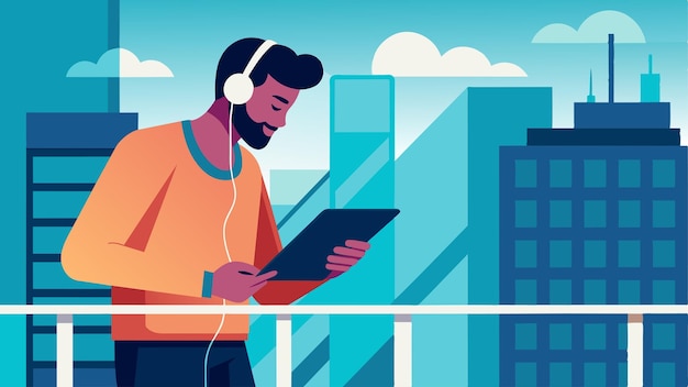 Vector a man types fervently on a tablet propped up on a sleek modern balcony railing his headphones