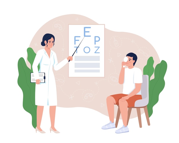 Man undergoing vision checkup with doctor 2D vector isolated illustration