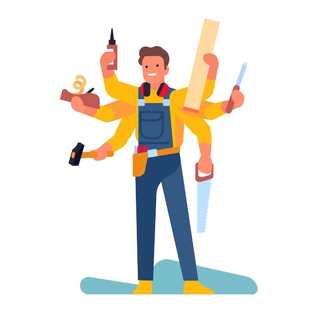 Man in uniform with carpentry tools Multitasking worker Carpenter holding saw and hammer Professional workman in overalls Repairman fixing maintenance Repair equipment Vector concept