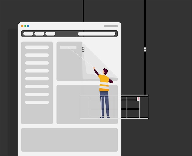 Man updates content on the site Construction cradle flat vector