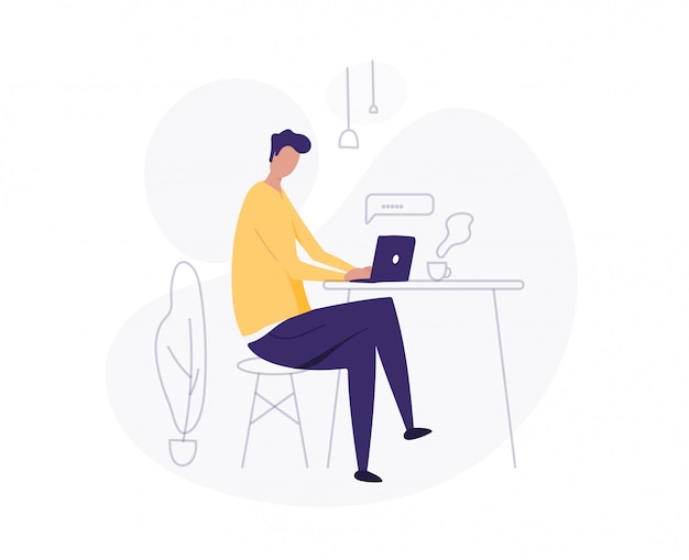 Man use laptop. working at home. freelancer. young man, student  illustration.