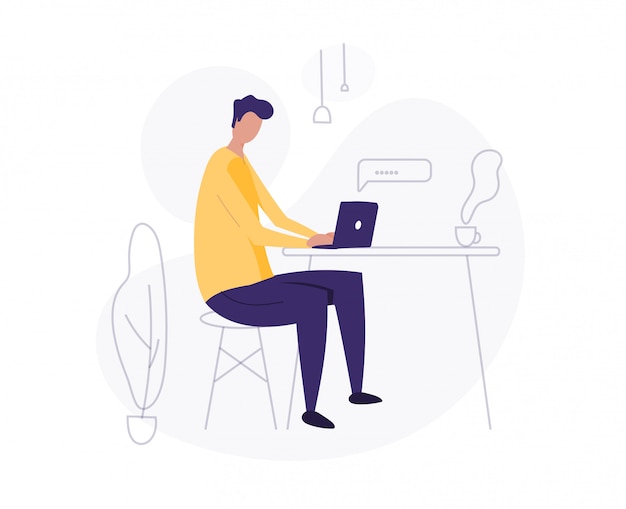 Man use laptop. working at home. freelancer. young man, student  illustration.