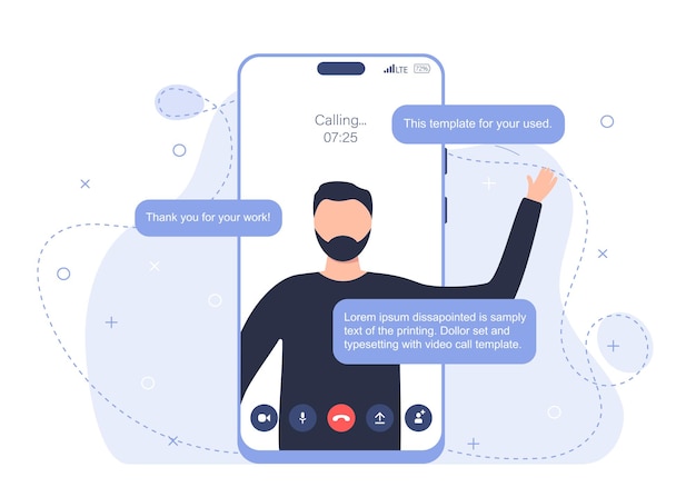 Man used phone for communication Video call interface with message sign