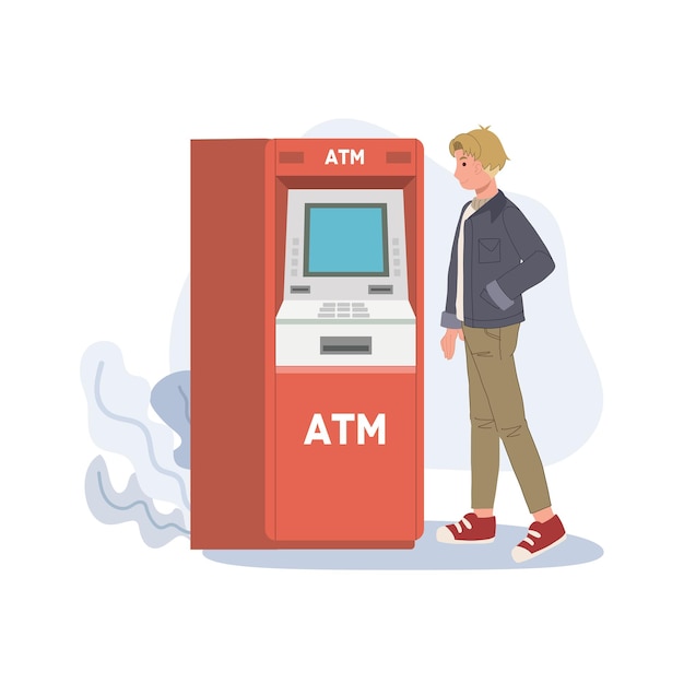 Vector man using atm to pay or withdraw cash money man waiting near automatic machine looking on monitor vector illustration