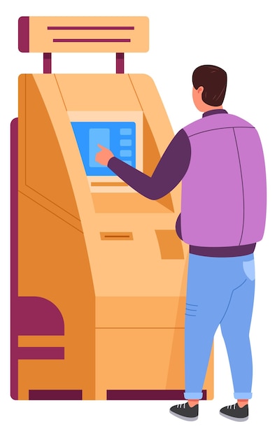 Man using atm rear view Banking card machine