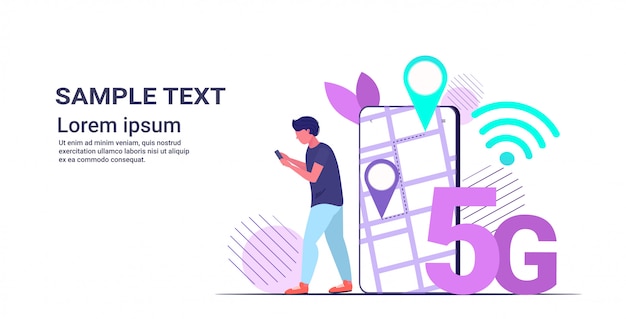 man using gps navigator on smartphone screen mobile app 5G online communication fifth innovative generation of internet connection