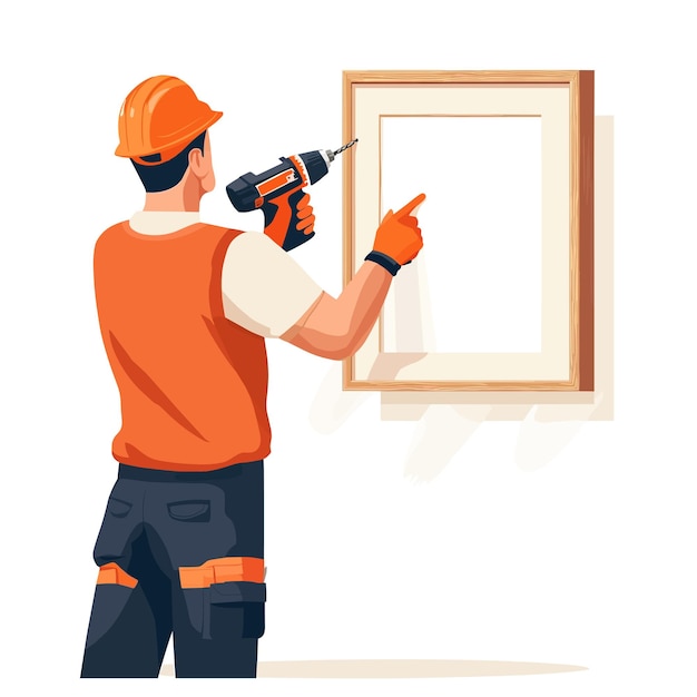 Vector a man using a power drill to hang a picture frame