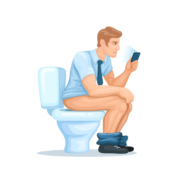 Vector man using smartphone while pooping. smartphone addiction cartoon illustration vector