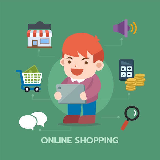 Man using tablet for shopping online with e-commerce icon. Infographic composition