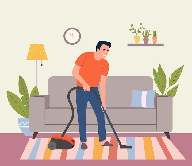 Man vacuuming the flooring the living room Vector flat style illustration