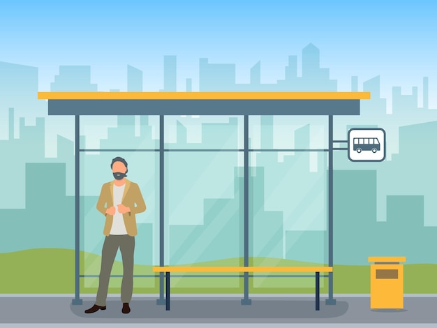 Vector man waiting for a bus bus stop concept in flat cartoon style