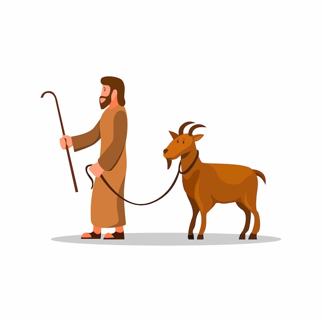 Man walk with goat. symbol for qurban islam tradition in eid ul adha islam tradition  in cartoon illustration on white background on white background