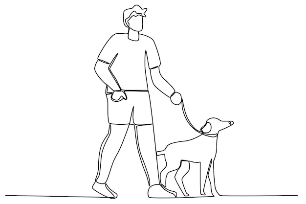 A man walking casually with a cute dog Walking or playing with dog oneline drawing