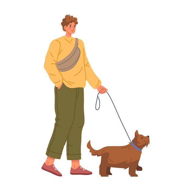 Vector man walking dog owner and pet strolling