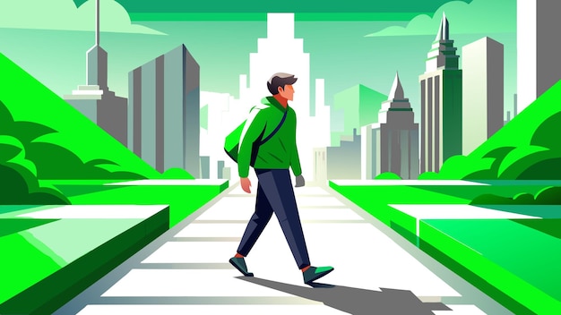 a man walking down a path with a green jacket on