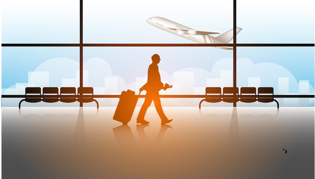 Man walking and drag luggage in airport to travelvector illustration