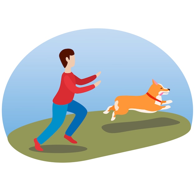 A man walking his dog. Happy cute dog. Welsh Corgi. Puppy fun runs, sticking out his tongue.