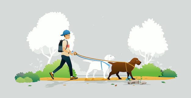 Man walking his dog in the park on a gray background