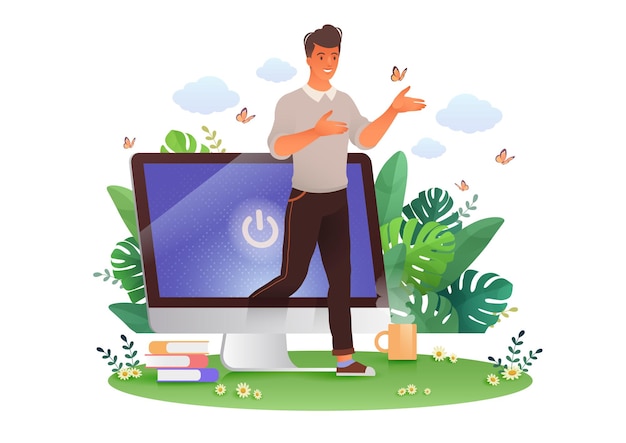 Man walking out from computer screen retreating from internet addiction illustration