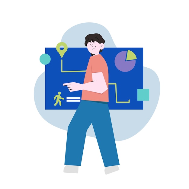 Man walking using digital maps in flat illustration