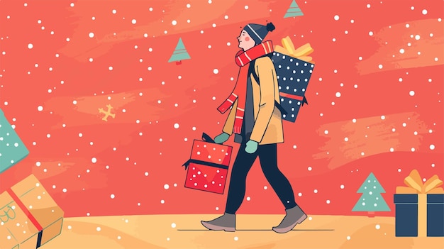 Man Walking with Christmas Gifts on Colorful Background