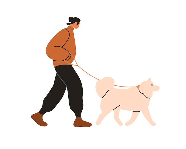 Vector man walking with dog pet owner holding leash leading cute samoyed breed doggy companion profile morning stroll with puppy canine animal flat vector illustration isolated on white background