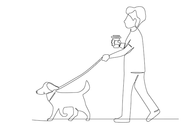 A man walking with a dog while holding a cup of coffee one line art