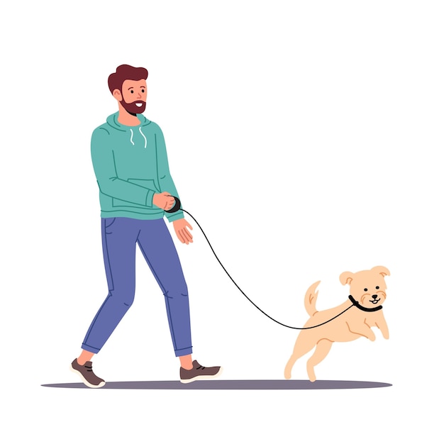 Man walking with pet on leash Vector flat illustration Male strolling on street with dog