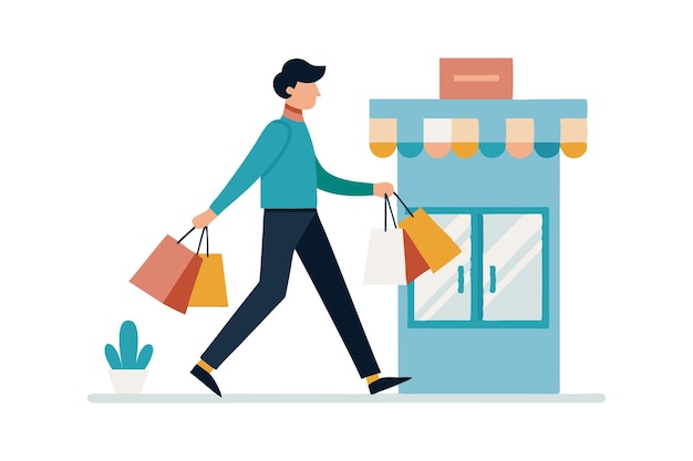 Man walking with shopping bags in front of a store