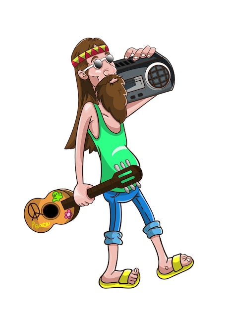 A Man walks carrying a guitar and music player cartoon